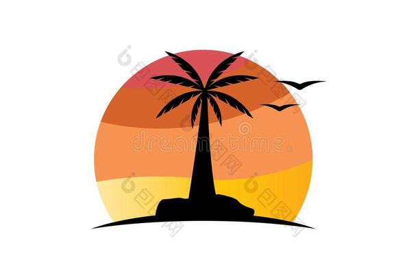 日落标识样板和椰子树