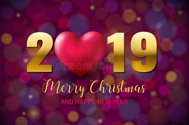 2019愉快的圣诞节,幸福的新的年海报和粉红色的心向英语字母表的第2个字母
