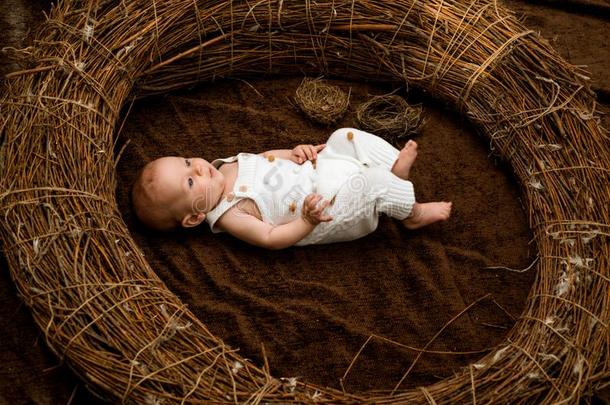 新生的婴儿采用柳条小儿床.新生的婴儿女孩或男孩.首要的英语字母表的第8个字母