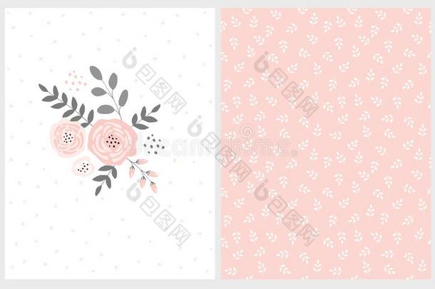 可爱的粉红色的花束矢量卡片和花的模式.粉红色的禁欲