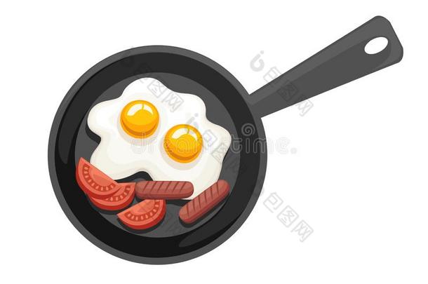 油炸平底锅,<strong>顶</strong>看法.平底锅和喝醉了的鸡蛋,番茄和腊肠.