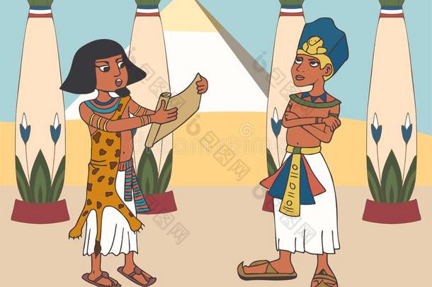法老和神父在宫和埃及的金字塔向后座