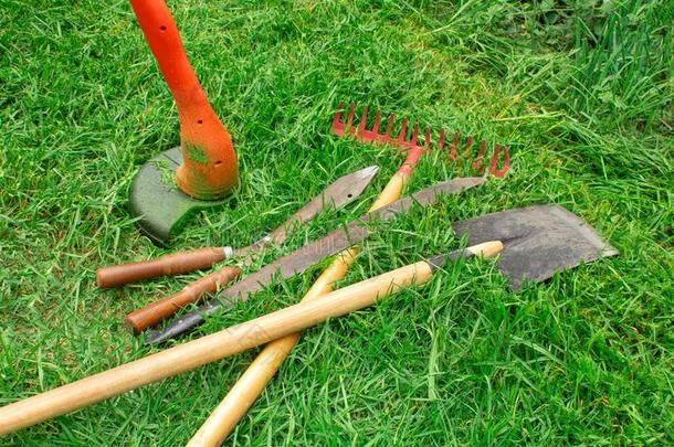 工具为花园关心.用手的电的草地割草机,铲子,耙子,
