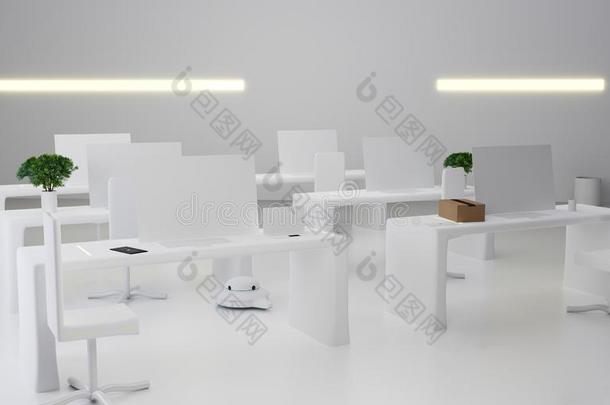 白色的书桌和平的计算机白色的椅子.现代的办公室3英语字母表中的第四个字母-illustrate举例说明
