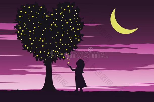 女孩看向萤火虫向心形状树.表示的意思向爱履行winter冬天