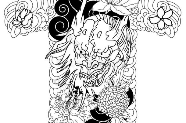 日本人魔<strong>鬼面具</strong>文身.莲花和万寿菊花和牡丹