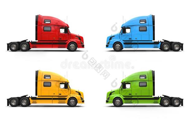 现代的半独立式住宅拖车货车-蓝色,黄色的,红色的和绿色的