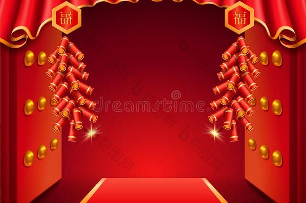 亚洲人庙门装饰和帘,烟火