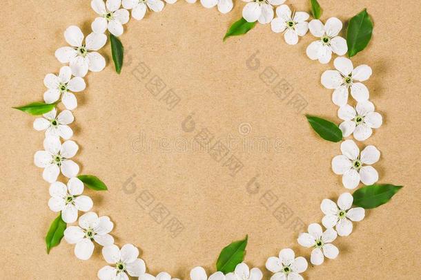 圆形的框架花环使关于白色的春季花和绿色的树叶