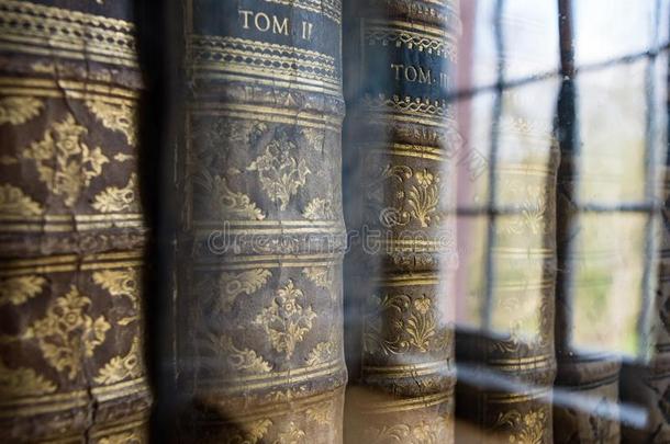 玻璃反映关于老的书橱采用一一cient图书馆