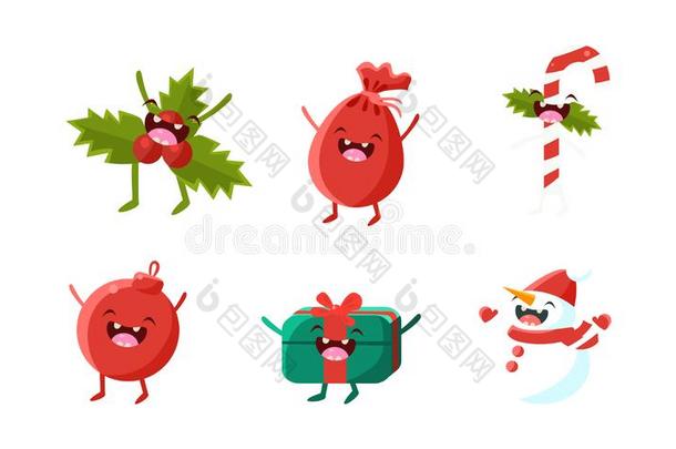 漂亮的圣诞节漫画字符放置,槲寄生树枝,赠品bowel肠