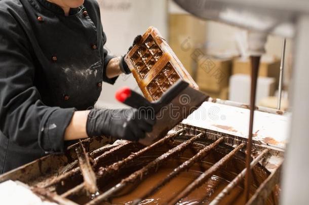 糖果制造人清洁巧克力模子在旁边铲