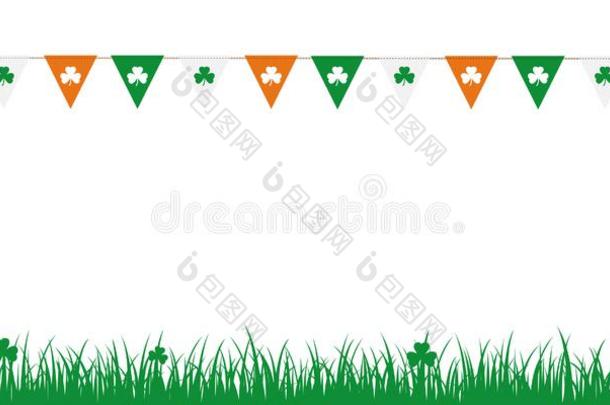 社交聚会旗和三叶草树叶向白色的背景和草地