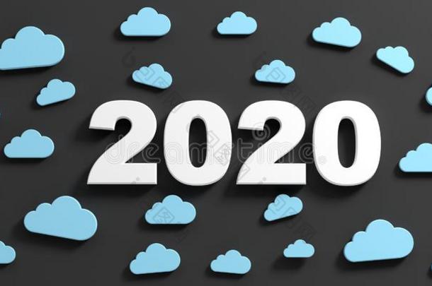 新的年2020数字和蓝色计算机的运作云向黑的后台