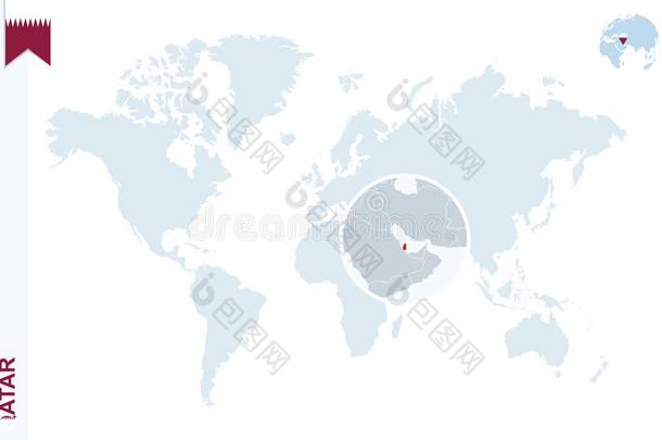 蓝色世界地图和放大的向卡塔尔