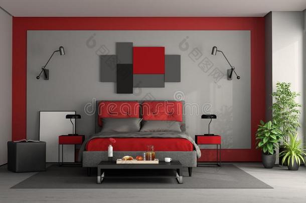 红色的和灰色现代的硕士卧室