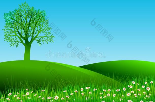 自然的风景和蓝色天,绿色的小山,一树一nd<strong>先知</strong>