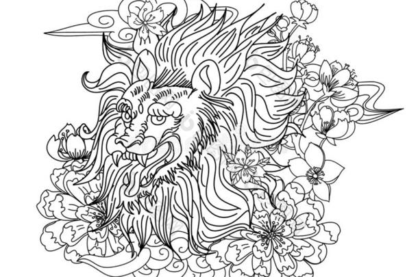 中国人老虎和樱花花和水溅起文身.illust