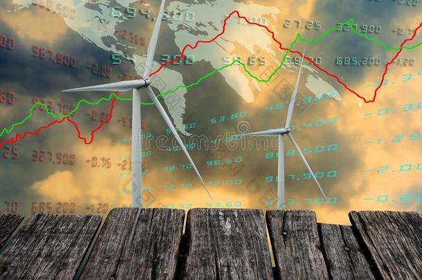 风涡轮机和生长图表关于世界经济的,干净的能量