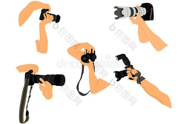 摄影者摄影师手和照相机矢量说明.专门追逐名人的摄影记者英文字母表的第19个字母