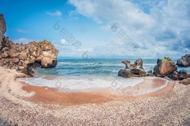 美丽的海景画.野生的多岩石的沙的海中软体动物的壳海滩.一小的堂兄弟姊妹