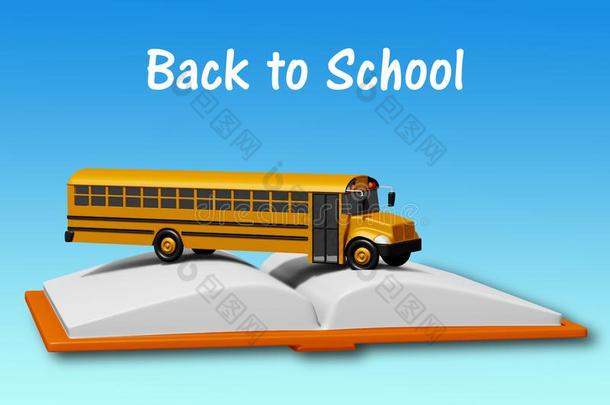 学校公共汽车越过书隔离的向蓝色背景.背向学校