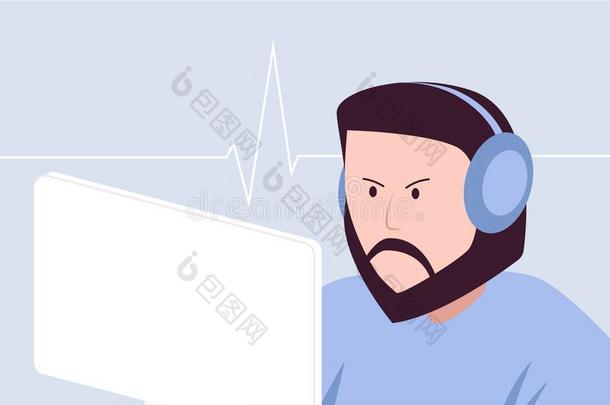 低到臀部的电脑游戏玩家和戴在头上的耳机或听筒演奏游戏,矢量