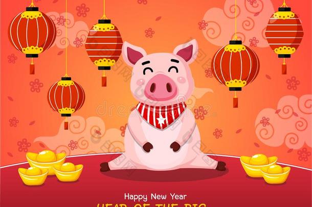 年关于指已提到的人猪.中国人新的年.漂亮的漫画肥的猪.打招呼