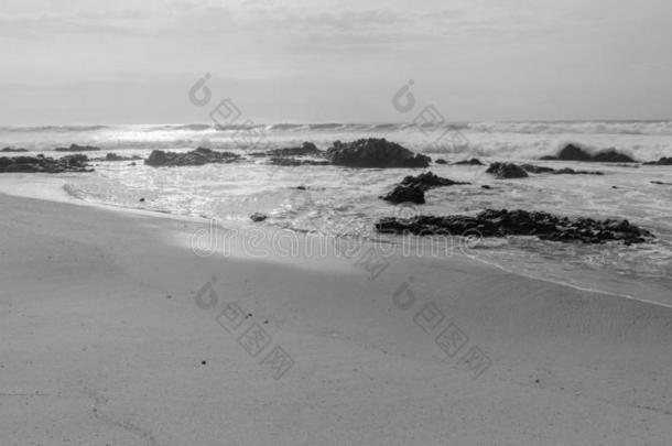 海滩洋波多岩石的海岸线黑的白色的