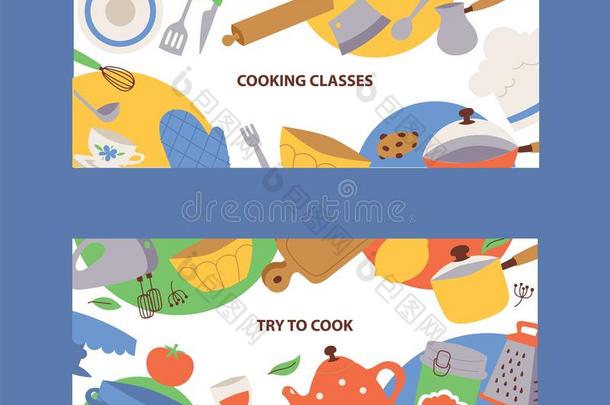 厨房器具横幅漫画厨房用具,烹饪用具,餐具,