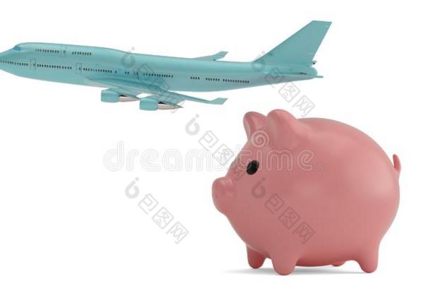 旅行观念小猪和飞机隔离的向白色的背景3