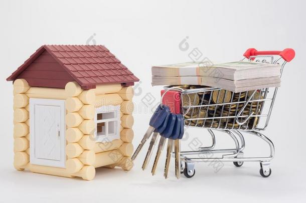 玩具房屋,手推车和钱和一束关于房屋调