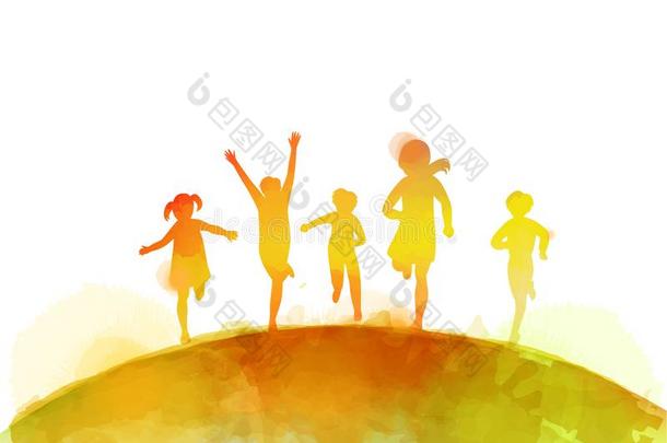 水彩关于幸福的小孩用于跳跃的同时.幸福的孩子们`英文字母表的第19个字母一天