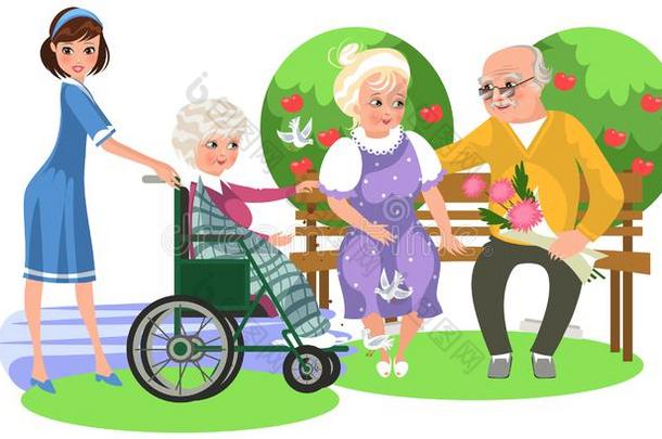 漫画<strong>海报</strong>关于护士和老的女士采用<strong>轮椅</strong>