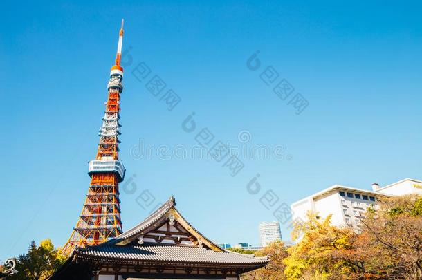 佐佐吉庙和东京塔在秋采用东京,黑色亮漆