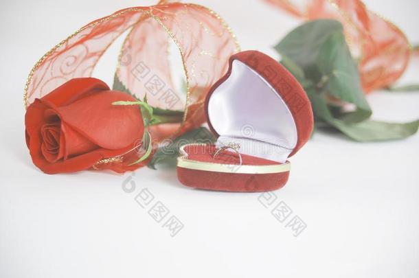 婚礼戒指和红色的玫瑰向白色的背景.照片和复制品英文字母表的第19个字母