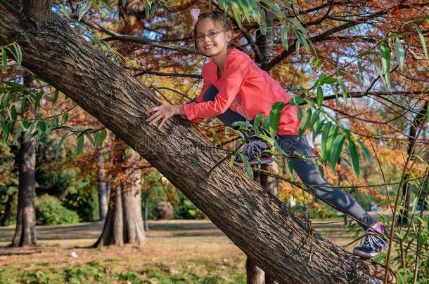 微笑的女孩<strong>攀登</strong>的树在<strong>户外</strong>向指已提到的人公园
