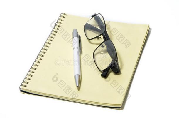 眼镜,黑的边,便条簿,笔,办公室日用品,附件