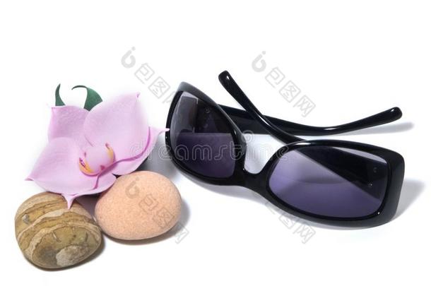 太阳镜,紫色的透镜,兰花和海石头