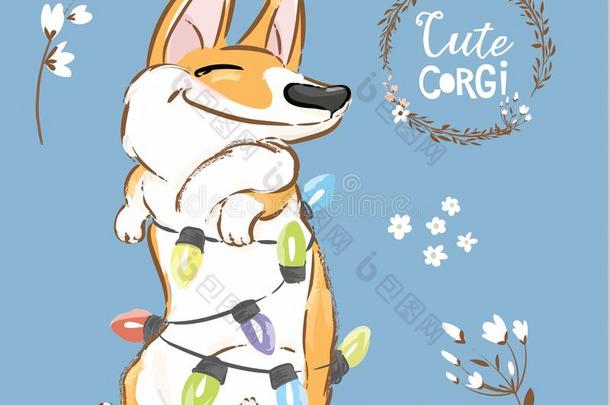威尔士矮脚狗狗比赛圣诞节花环矢量海报.幸福的狐宠物Switzerland瑞士