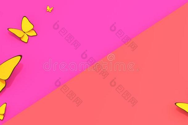 黄色的蝴蝶向珊瑚粉红色的背景和复制品空间海