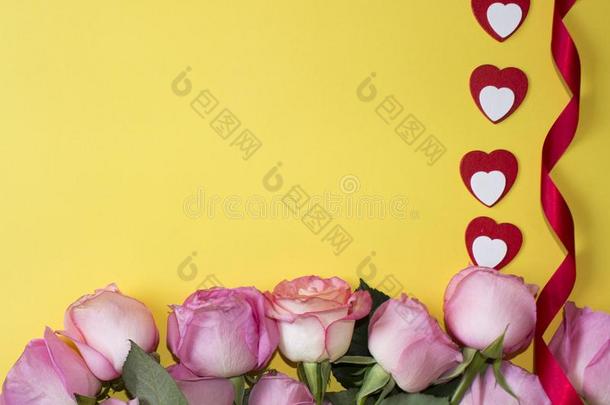 粉红色的玫瑰,红色的和白色的心和红色的带向黄色的后面