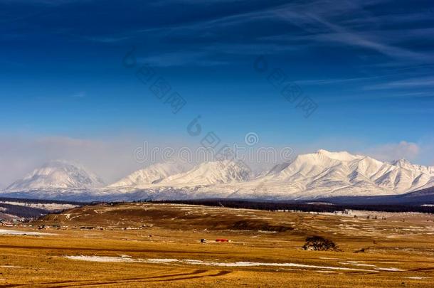 冬风景关于蒙古.白色的山背景和叫喊