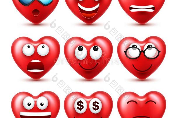 心微笑的表情符号矢量放置为情人一天.有趣的红色的面容
