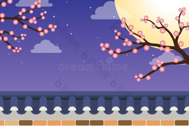 日本人方式石头墙栅栏和樱花树