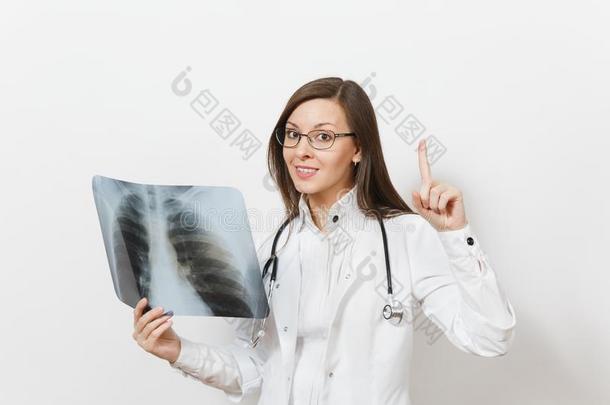 医生女人点索引手指在上面,字母x-射线关于肺,X光间接摄影法
