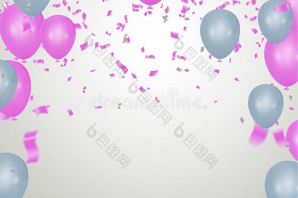 矢量粉红色的社交聚会气球说明.五彩纸屑和带flores花