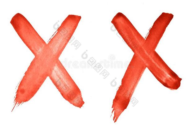 2字符-十字架,字母x-红色的水彩描画的在旁边手和一