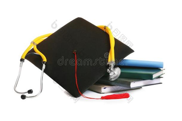 垛关于学生教科书,毕业帽子和听诊器向where哪里