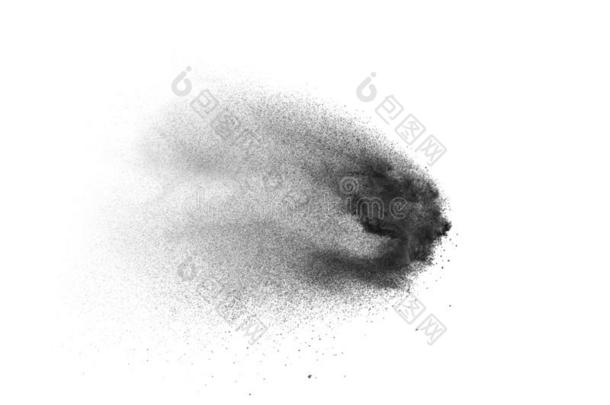 黑的粉爆炸向白色的背景.黑的灰尘微粒